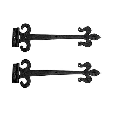 Strap Hinge 18 in. Black Wrought Iron Fleur De Lis Style Flush Mount Heavy Duty Strap Gate and Door Hinges with