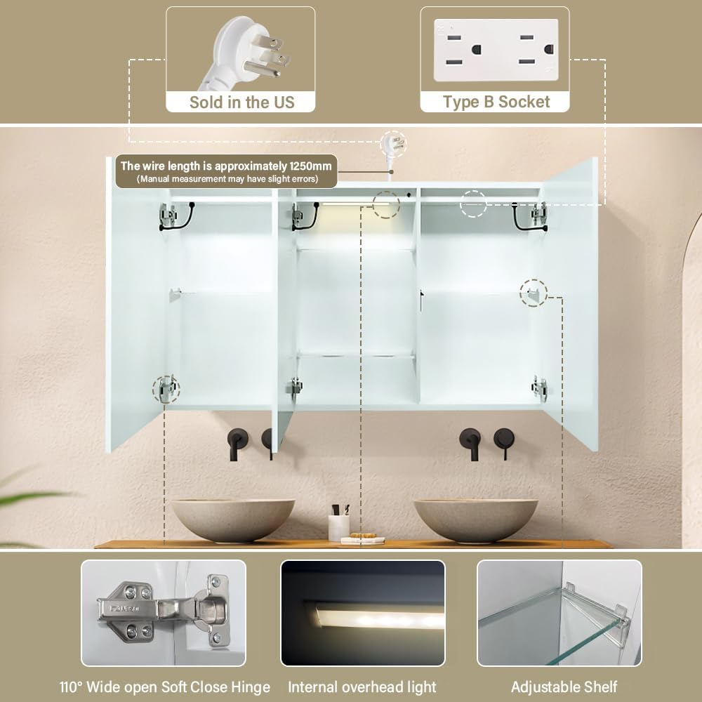 White LED Mirror Medicine Cabinets, Surface Mounted 40 x 24 Inch Bathroom Mirror Cabinet with Lights 3 Colors