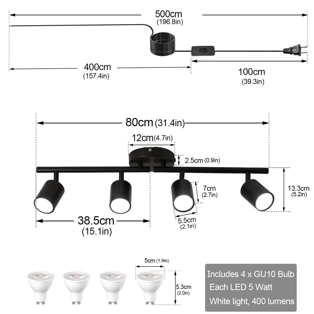Plug in Track Lighting Kit, 80cm LED 4 Light Kitchen Track Lighting, Corded Wall Light with 16.4ft Cord, 4 Way