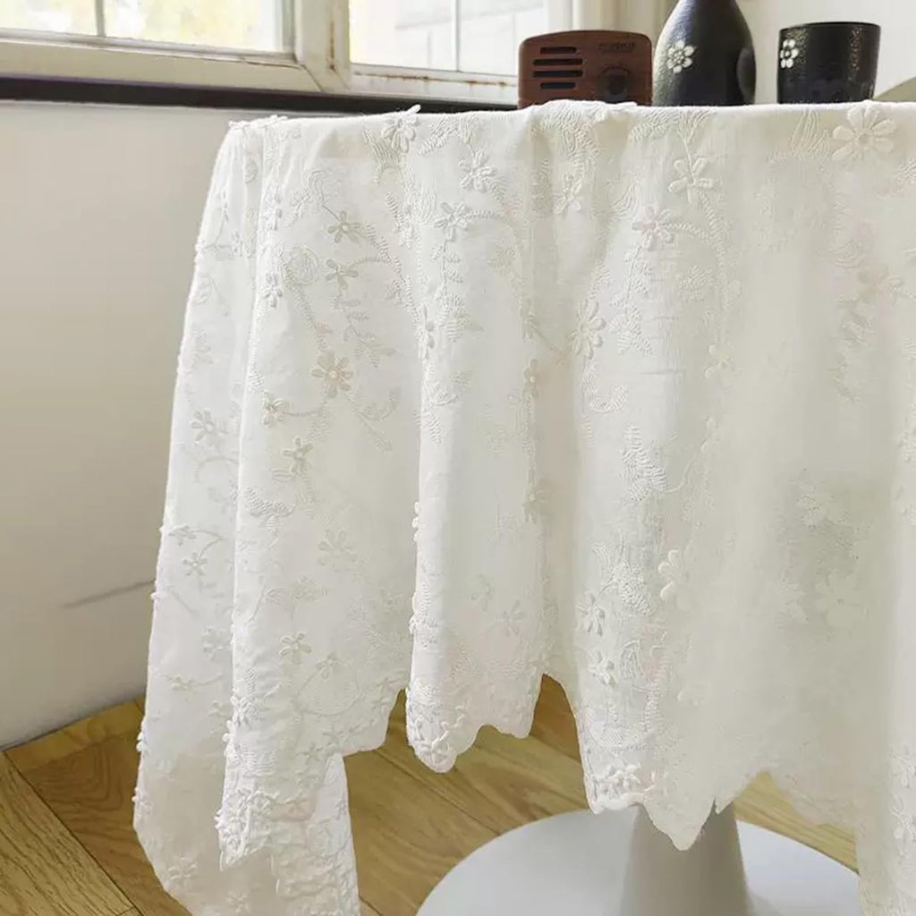 Beige Floral Embroidered Lace Tablecloth, Elegant Scalloped Edge Design, Vintage Farmhouse Style, Banquet, Wedding