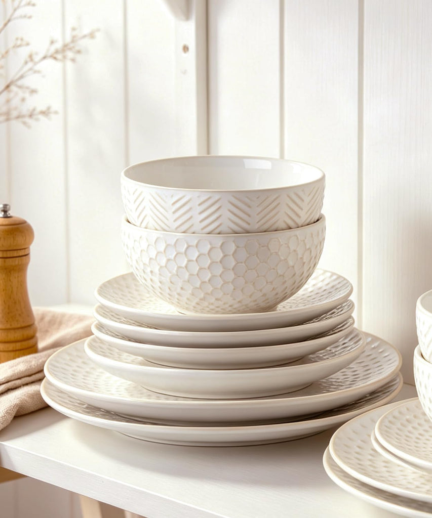 Embossed Ceramic Dinnerware Set for 4, 12-Piece White Plates and Bowls Set, Modern Farmhouse Tableware with 10" & 8"