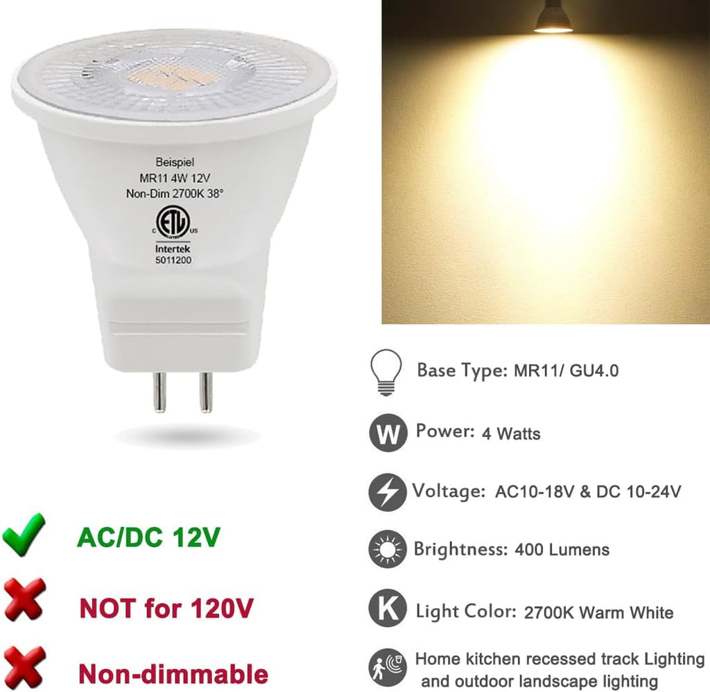 MR11 Gu4.0 Bi-pin LED Light Bulb 4W 12VAC/DC Warm White 2700K