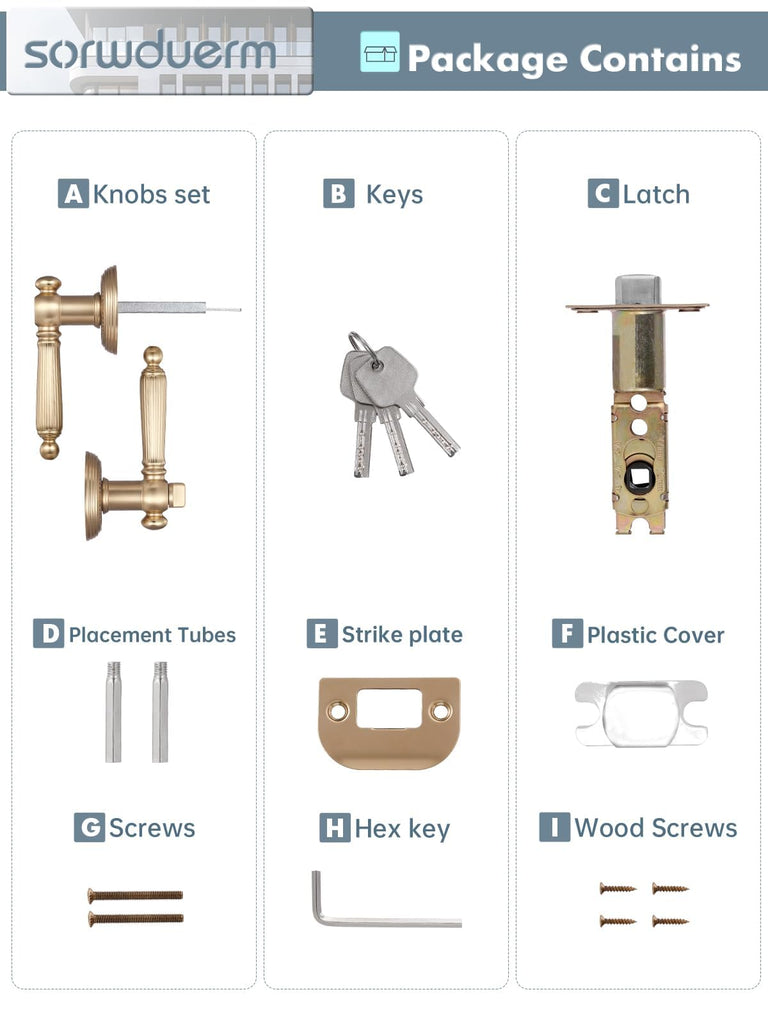 1 Pack Champagne Bronze Door Lever with Lock and Key Entry Door Handle Door Lever Bedroom and Bathroom Zinc Alloy
