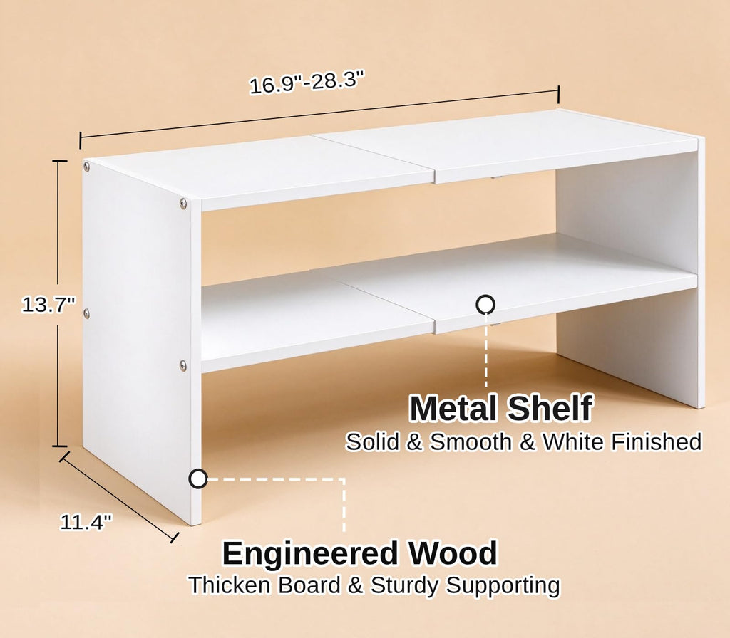 2 Pack White Shoe Rack for Closet, 2-Tier Expandable Small Shoe Shelf, Stackable Iron Wood Combination Shoe Organizer