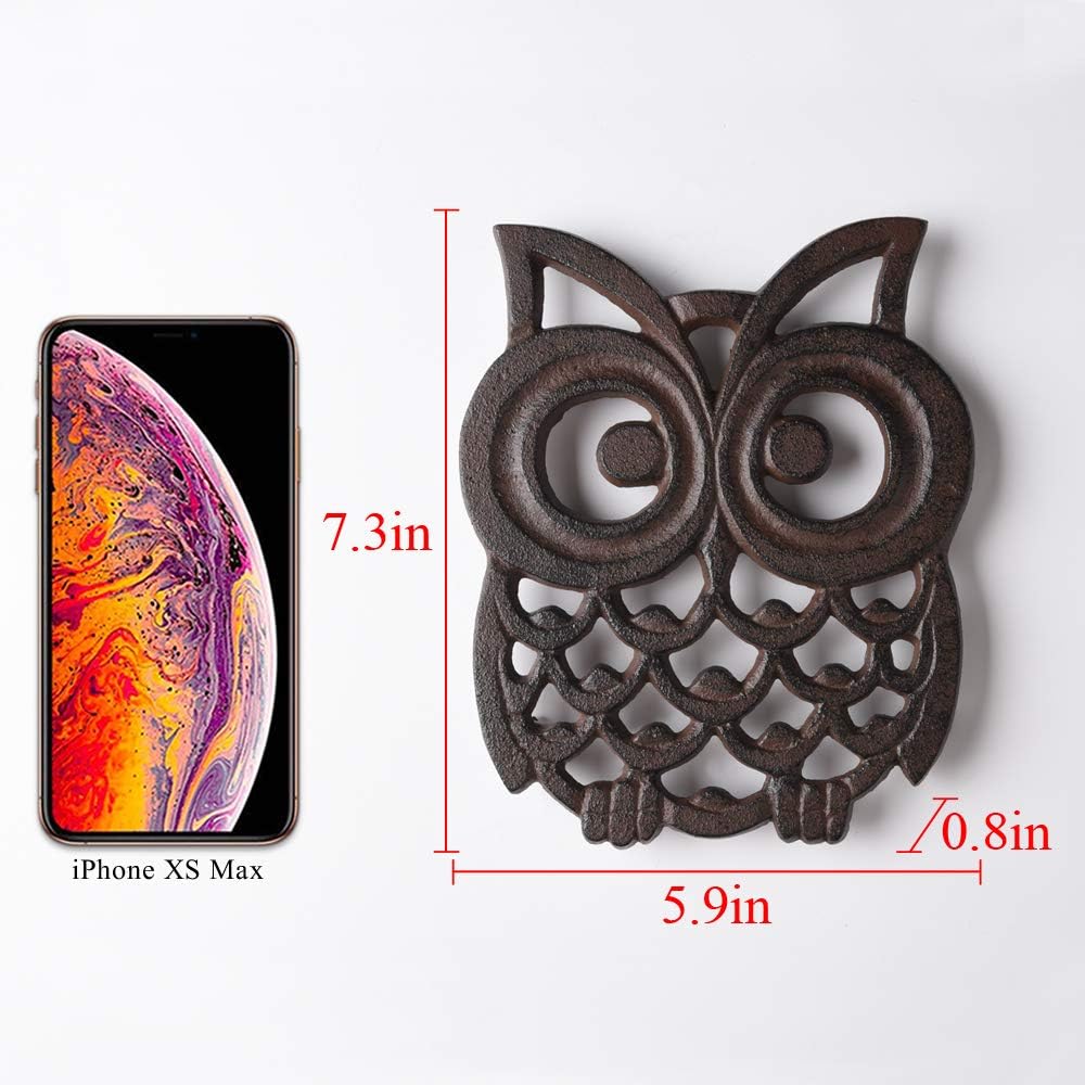 Cast Iron Owl Pot Trivet, Vintage Rustic, Artisan Design, with Rubber Pegs