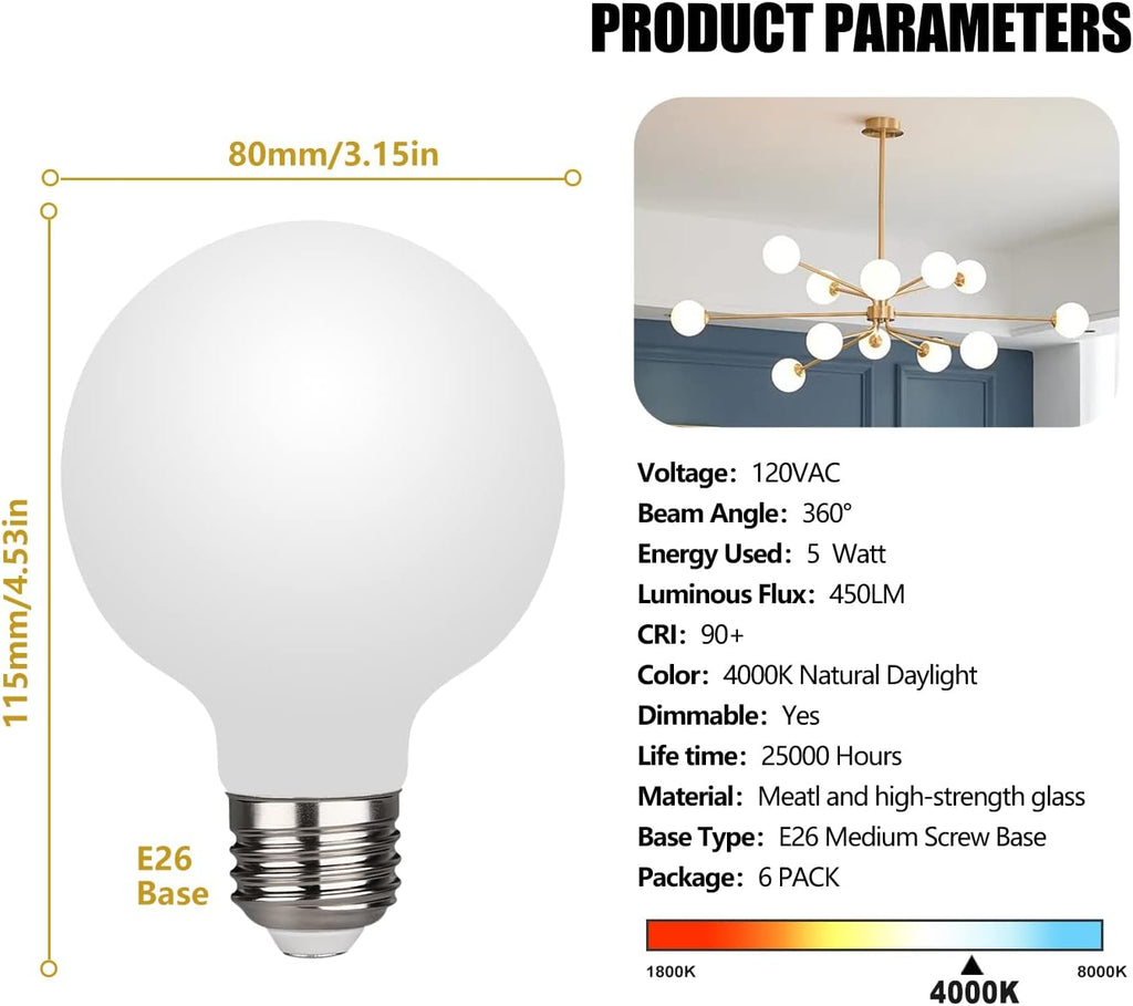 LED Edison Globe Light Bulbs, Neutral White 4000K CRI 90, LED Filament Light Bulb, 5W Equivalent to 40W, G25(G80)