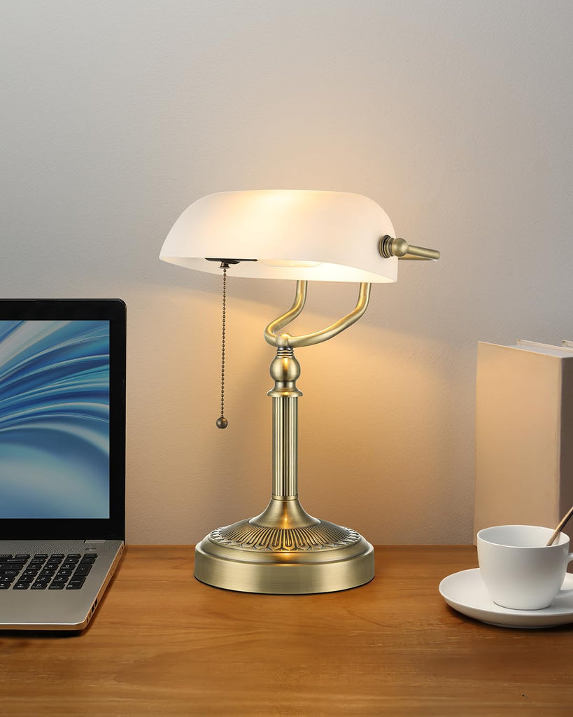 White Matted Glass Bankers Desk Lamp,Plug