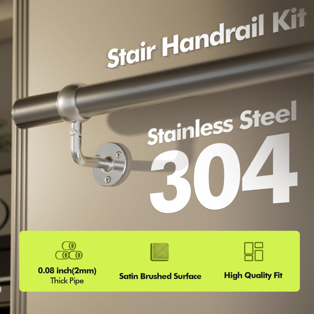Stair Handrail Kit 3FT, Stainless Steel 304 Wall Mount Railing System, 1-11/16 Inch Pipe Secure Grab Hand Rail for