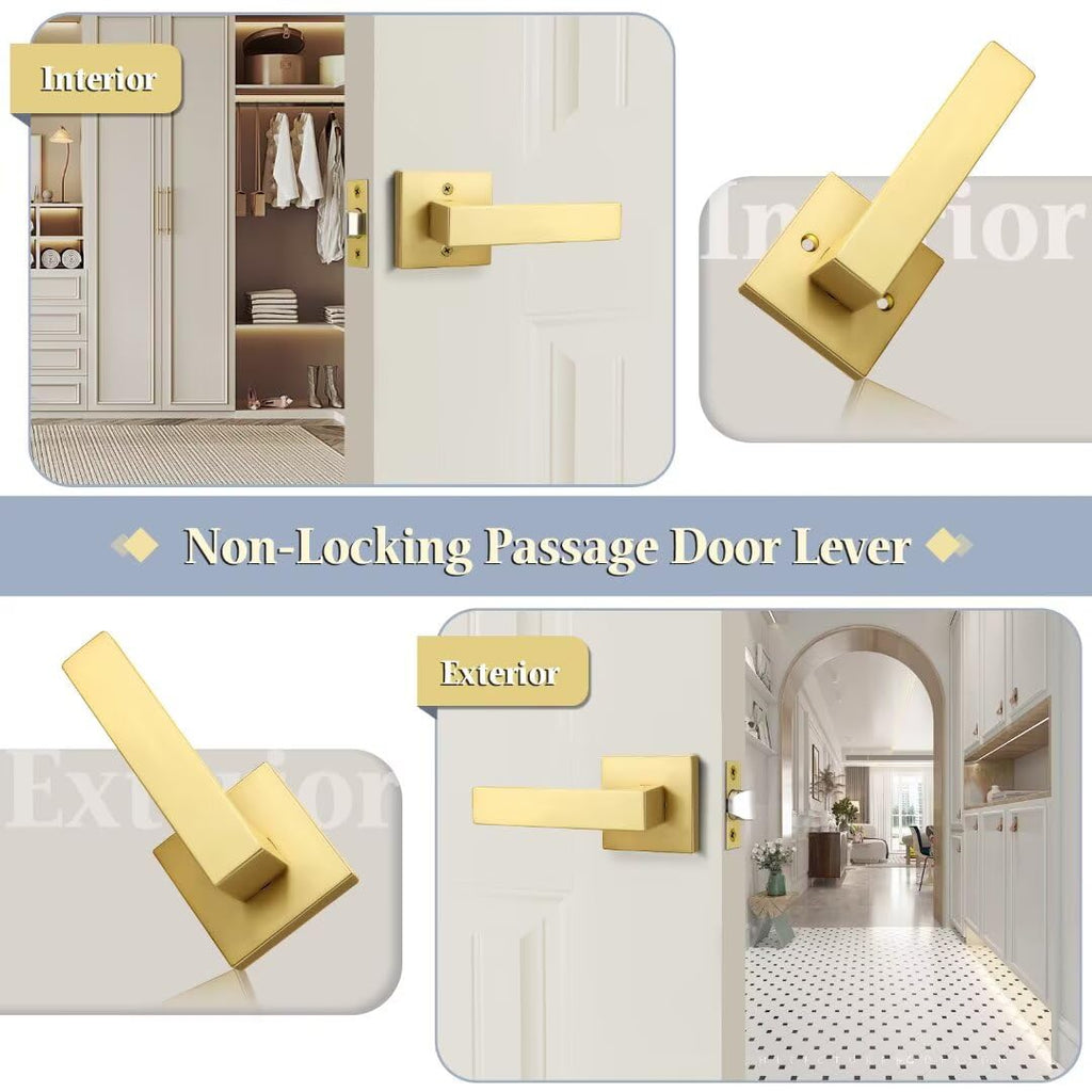 Gold Closet Dook Handle Non-Locking, Brass Passage Lever Door Handle, Heavy Duty Square Door Handles, Reversible Door