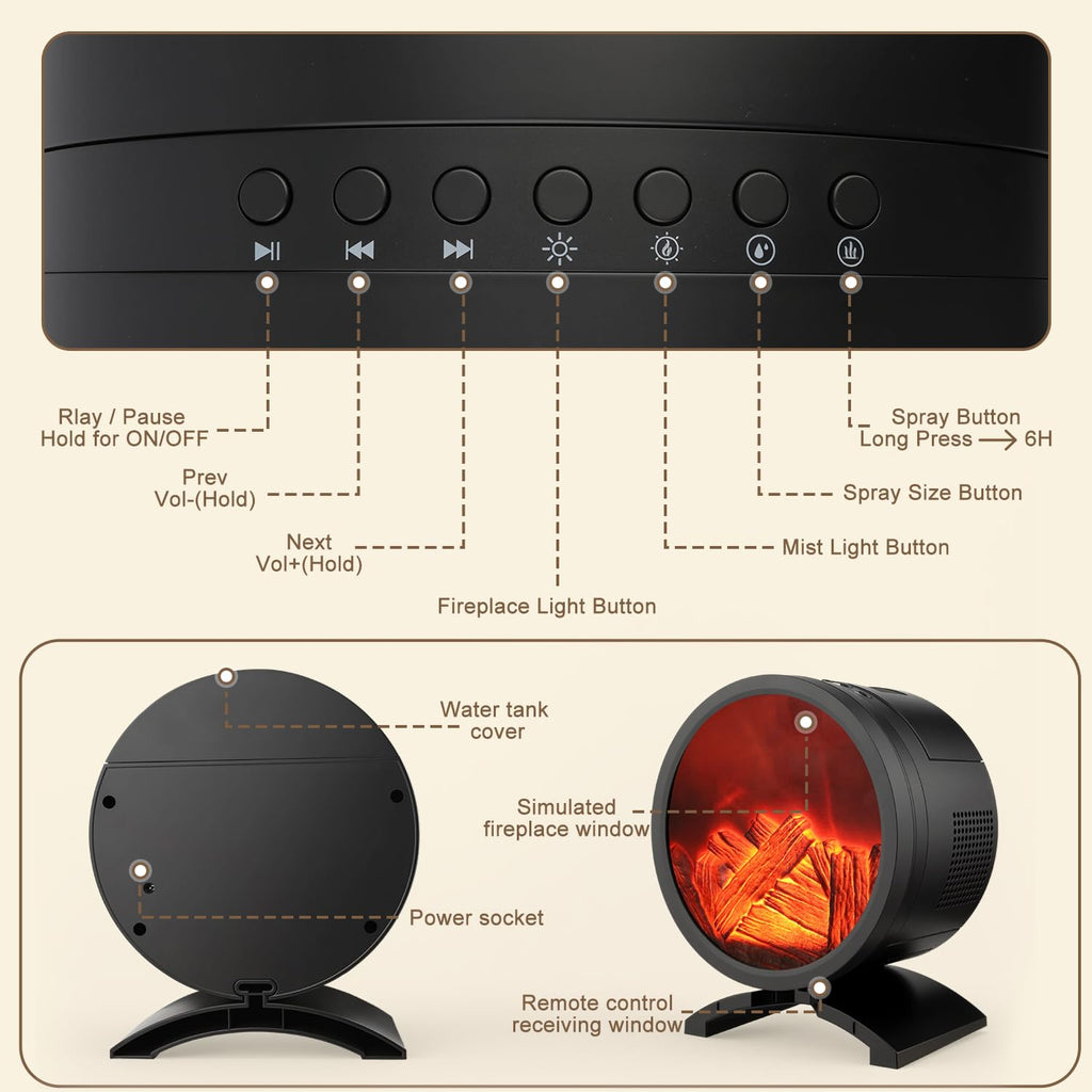 Fireplace Flame Oil Diffuser with Speaker & 260mL Fire Oil Diffuser, Essential Oil Diffuser 5 Color Fire Aroma