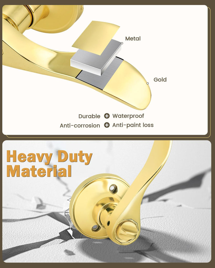 Drop Lever Bedroom Bathroom Door Locksets Privacy Locks in Polished Brass,Detachable Latch Plate,Reversible Levers