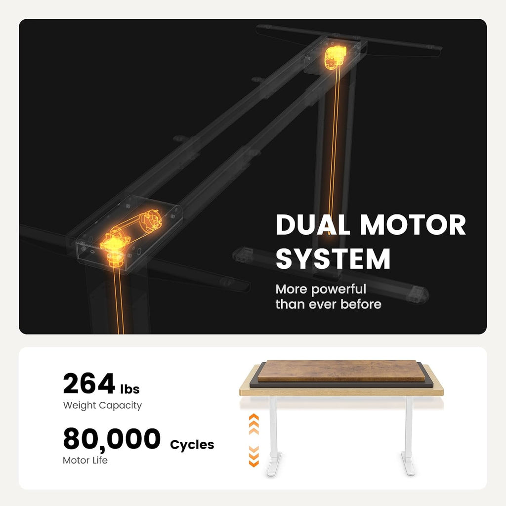 Dual Motor Standing Desk Legs for 44-90 inch Desktops, 264 lbs | 4 Memory Presets, Cable Tray, Dual Hooks, 28-47 inch