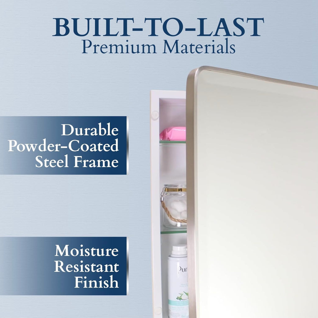 16x26 Austin Farmhouse Metal Framed Rounded Rectangle Recessed Bathroom Medicine Cabinet, Beveled Mirror, 14x24