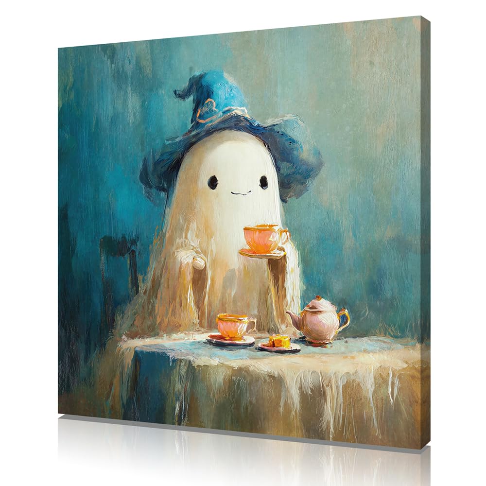 Whimsical Tea Party Ghost Halloween Wall Art Cute White Ghost with Teacups and Pastries Oil Painting Style Calming