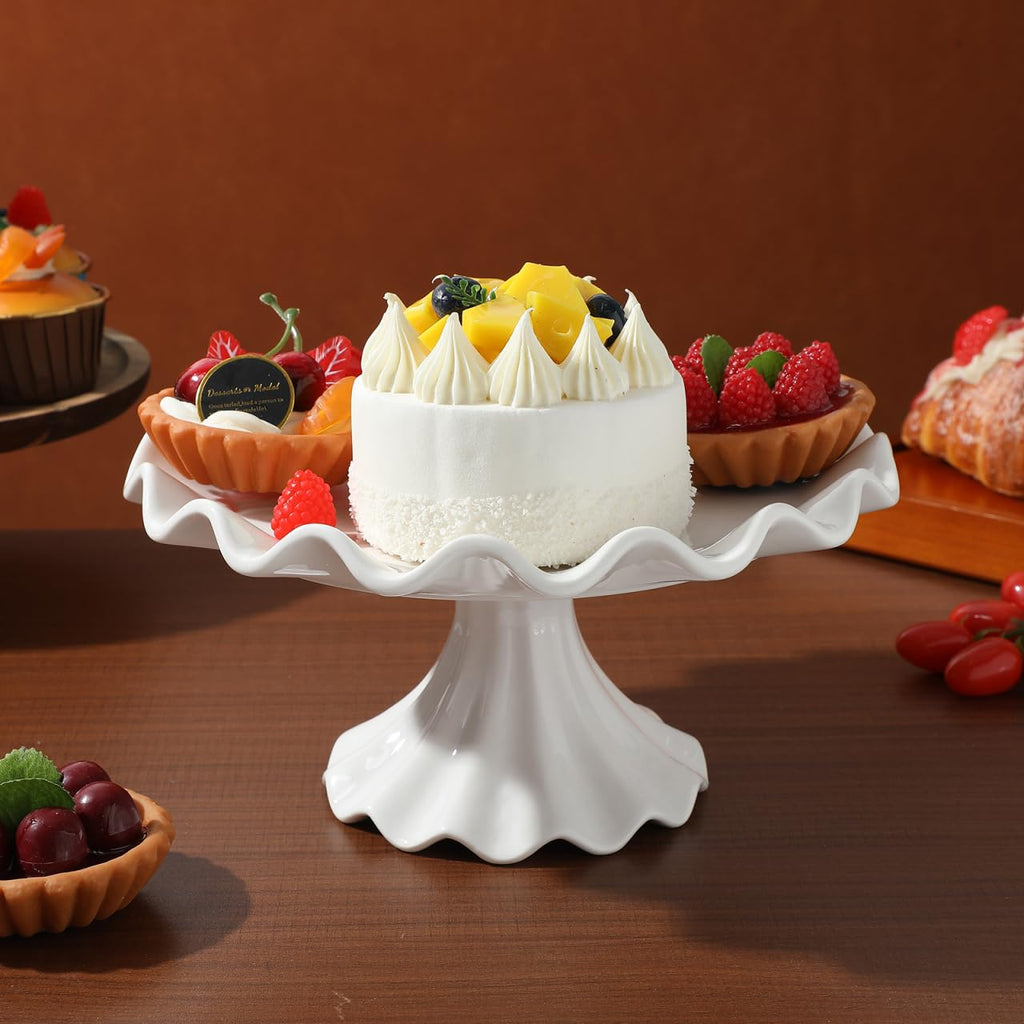 Ceramic Cake Stand 9.45 Inch Wavy Edge Pedestal Cupcake Stand for Parties Weddings Birthdays Elegant Ceramic Serving