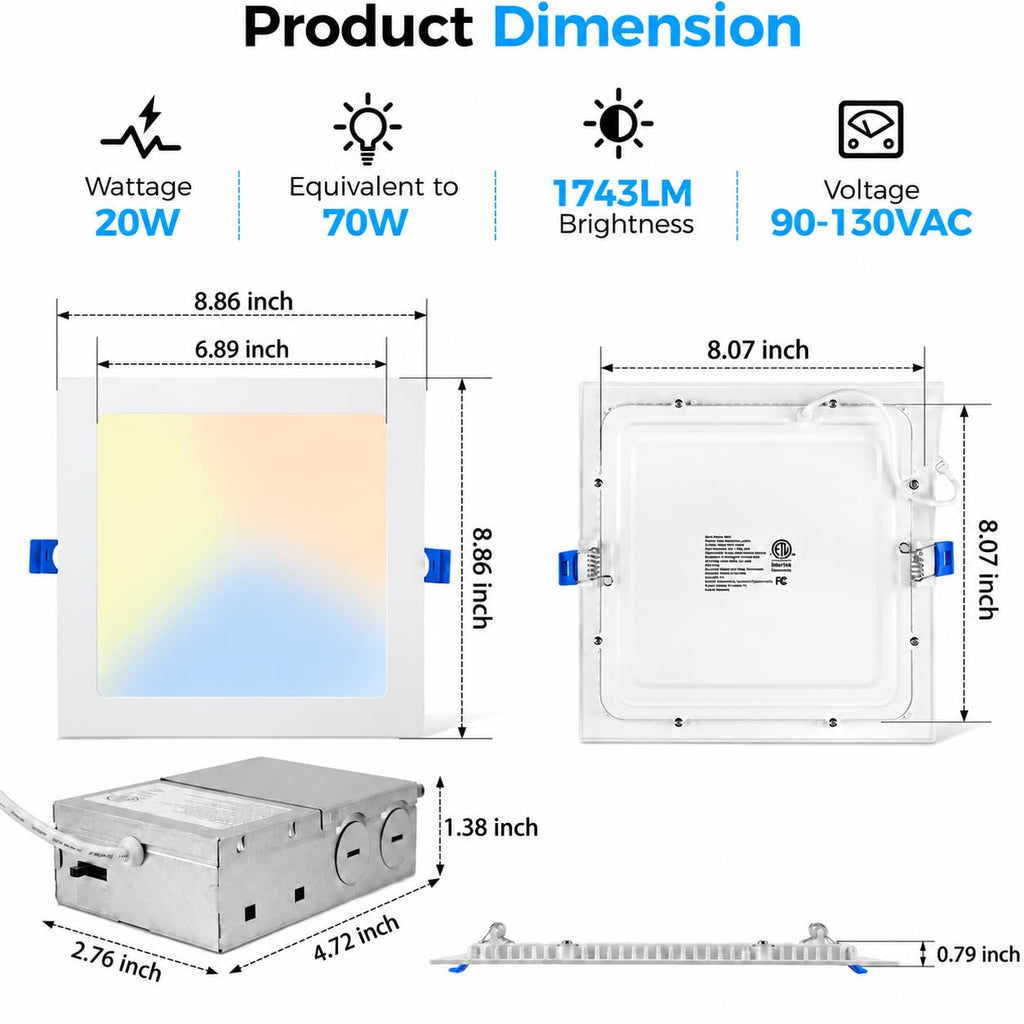 4 Pack 8 Inch Square LED Recessed Lighting, 20W Dimmable, 5CCT