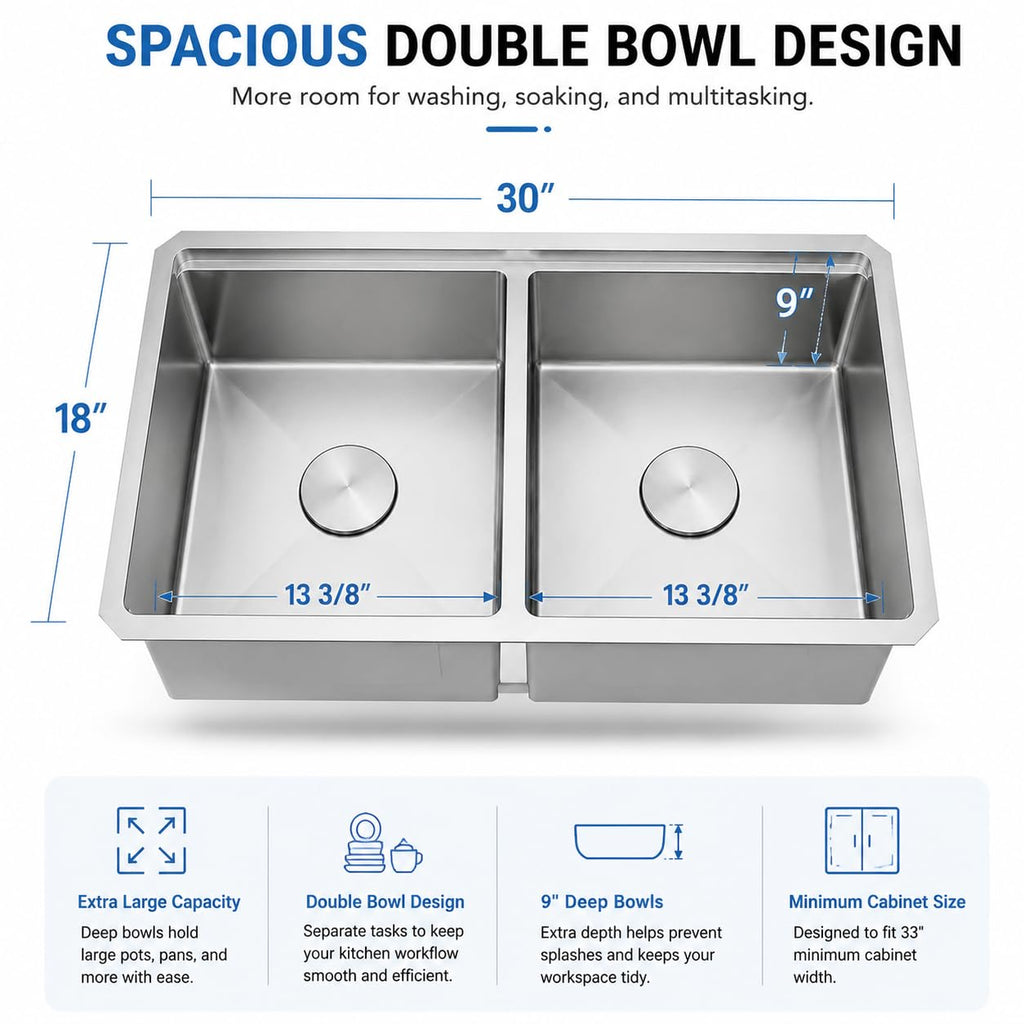 30 Inch Undermount Kitchen Sink Double Bowl, Stainless Steel Workstation