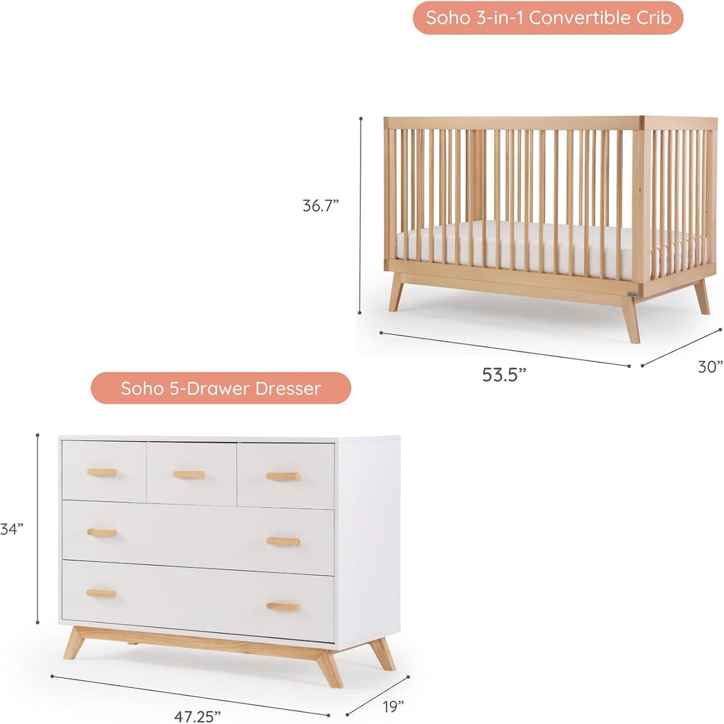Soho Nursery Furniture Set, Baby Crib & Dresser Combo, White/Natural | Soho 3-in-1 Convertible Beechwood Baby Crib