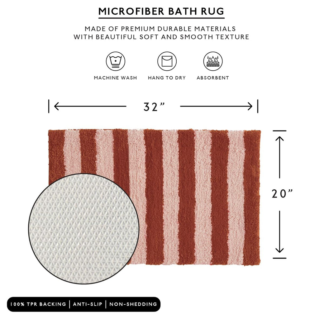 Bath Mat with Striped Design, Soft Absorbent Non-Slip Polyester Rug Floor, Shower or Kitchen (20x32 inch, Blush)