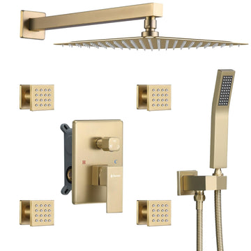 Full Body Rain Shower System with 4 Body Shower Jets & 12'' Wall Mount Rainfall Shower Head & Handheld, Multi Shower