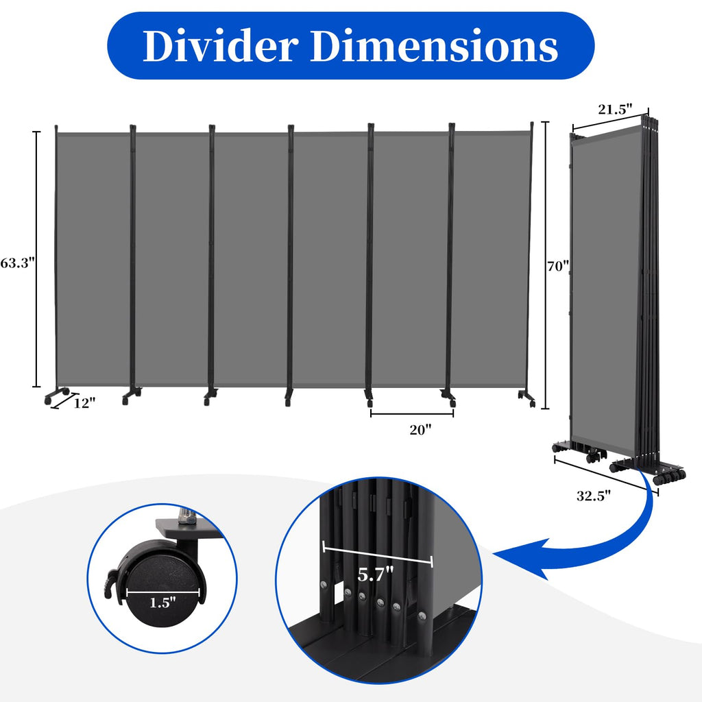 Room Divider 6FT 6 Panel Folding Room Partition with Lockable Wheels, Grey