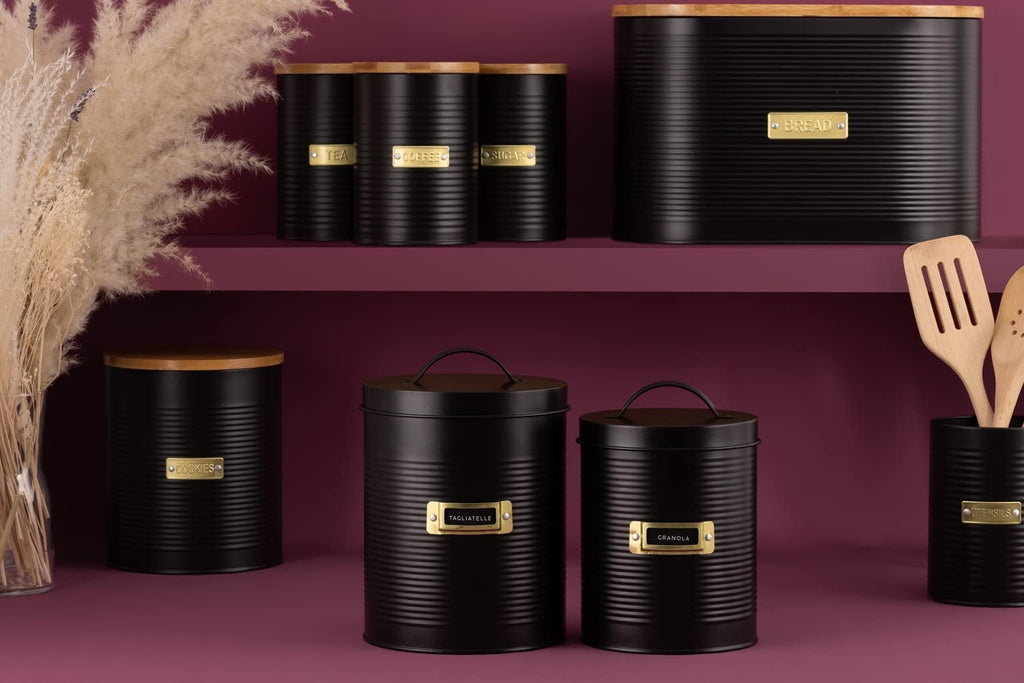 Living Otto Airtight Tea Storage Canister with Bamboo Lid, 1.4 Litre, Matte Black/Gold