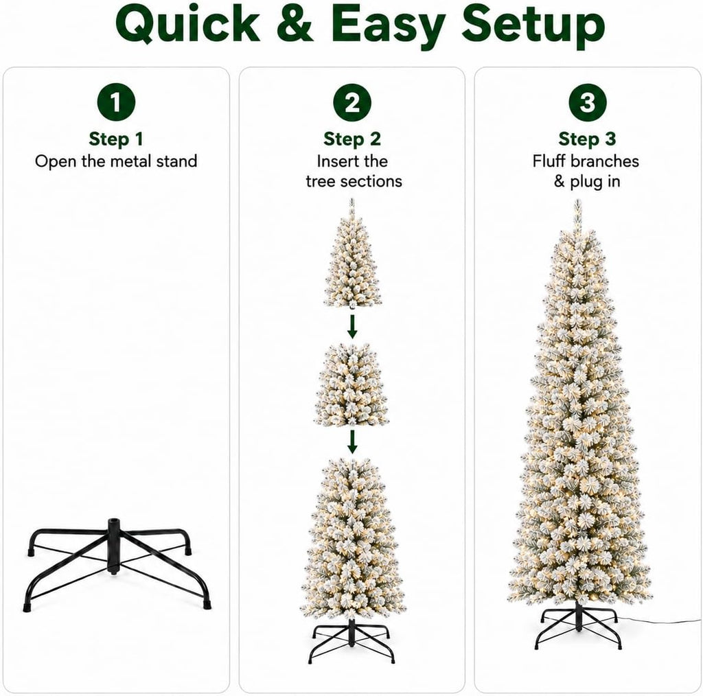 Prelit Slim Pencil Flocked Artificial Christmas Tree-WarmWhite