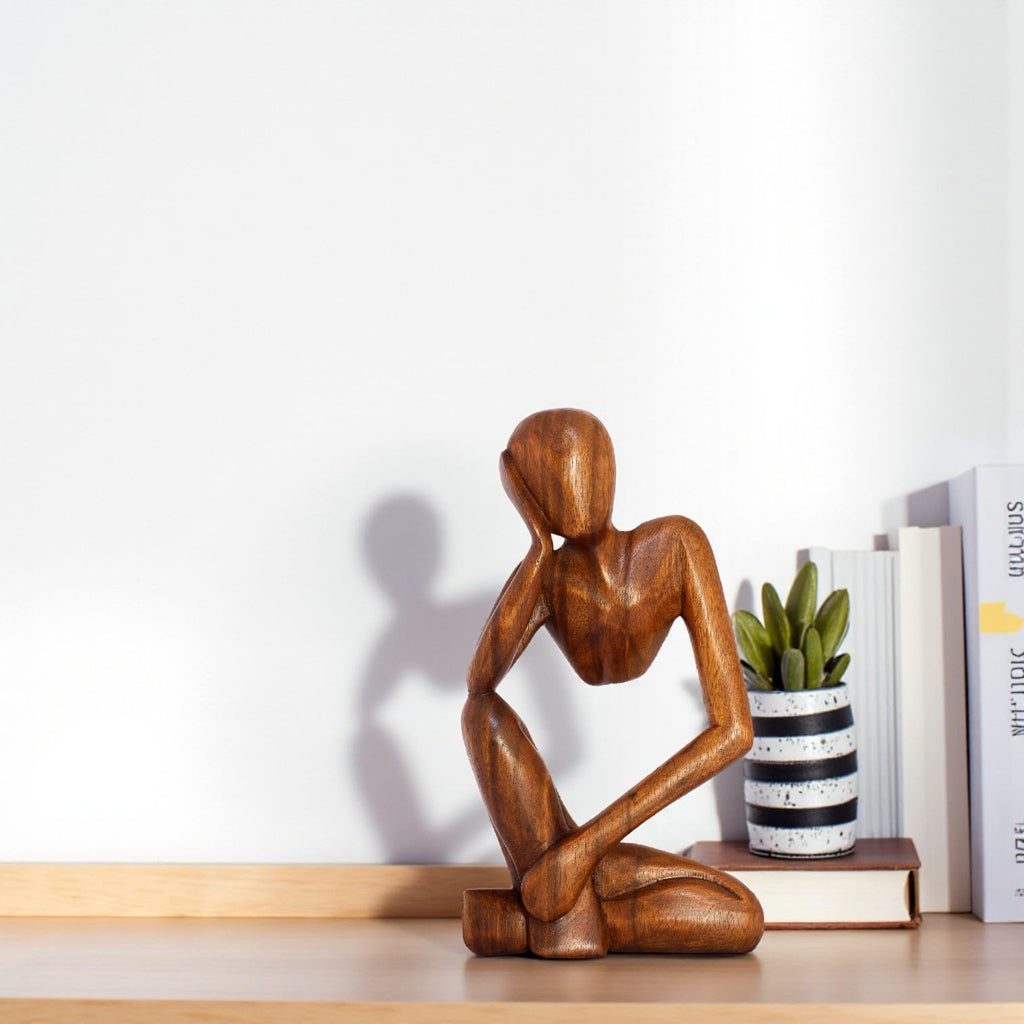 12" Wooden Abstract Thinker Statue, Hand Carved Thinking Man Figurine, Modern Minimalist Sculpture, Handmade Home