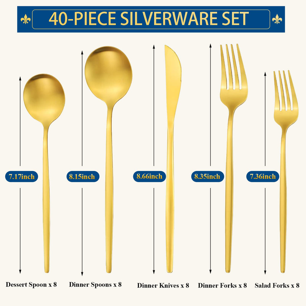 Gold Silverware Set for 8, Stainless Steel Flatware Set, 40-Pieces Cutlery Tableware set Include Spoons And Forks