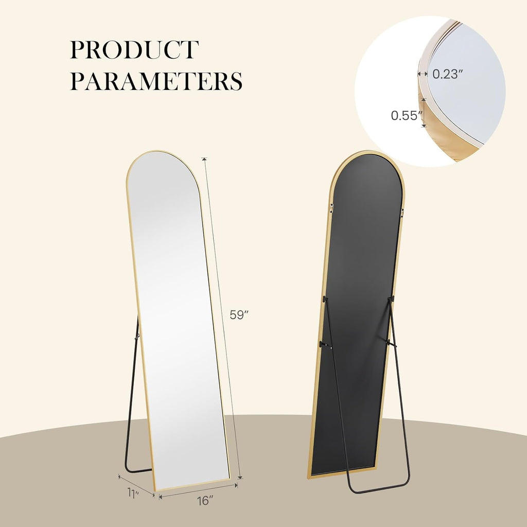 59"x16" Arched Full Length Mirror, Full Body Floor Mirror, Gold, Aluminum Alloy Thin Frame, Wall or