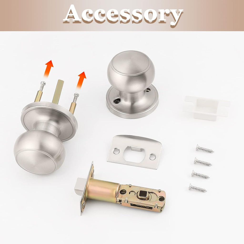 2 Pack Round Passage Door Knob (Non-Locking Knobs), Keyless Door Knobs Interior/Exterior Door Lockset, Passage Knobs