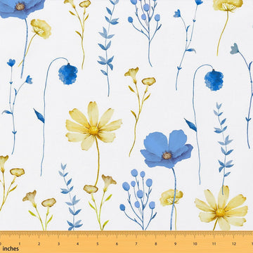 Watercolor Floral Fabric By The Yard Blue Yellow Upholstery Fabric Modern Minimalist White Waterproof Outdoor Fabrics