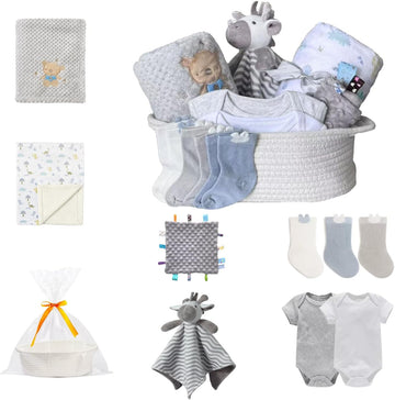 Gift Set for Girls Boys -Diaper Caddy Organizer Basket with 2 Blankets, 1 Taggie, 1 Lovey, 3 Socks,2 Baby Bodysuits,1