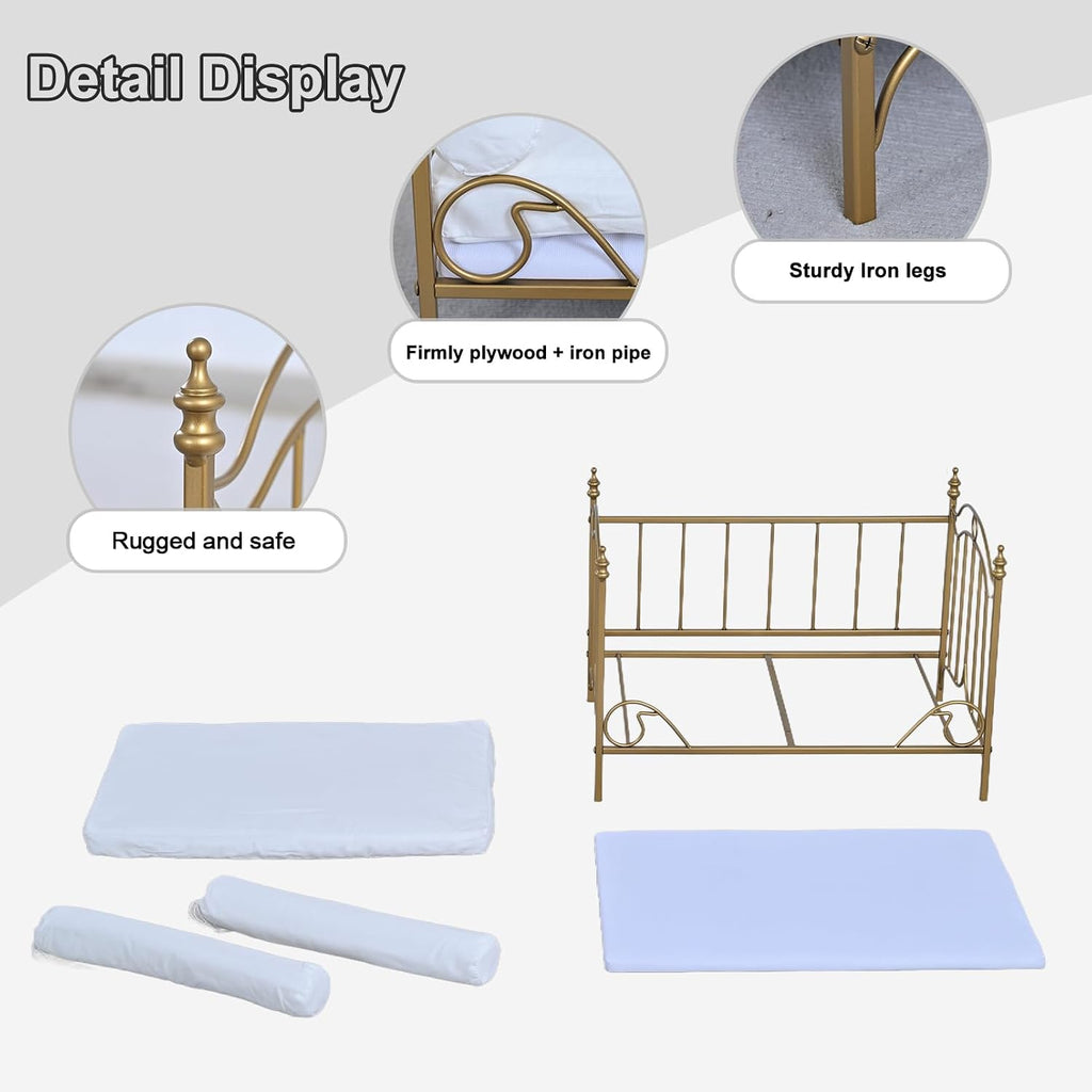 Pet Bed, Dog Bed with Metal Frame and Detached White Velvet Cushion with 2 Pillow for Small Dog