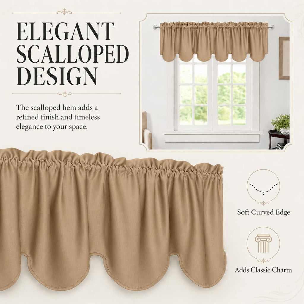 Short Valances for Windows Rod Pocket Blackout Scalloped Valance Solid Decorative Curtain Valence Bedroom, 52inch