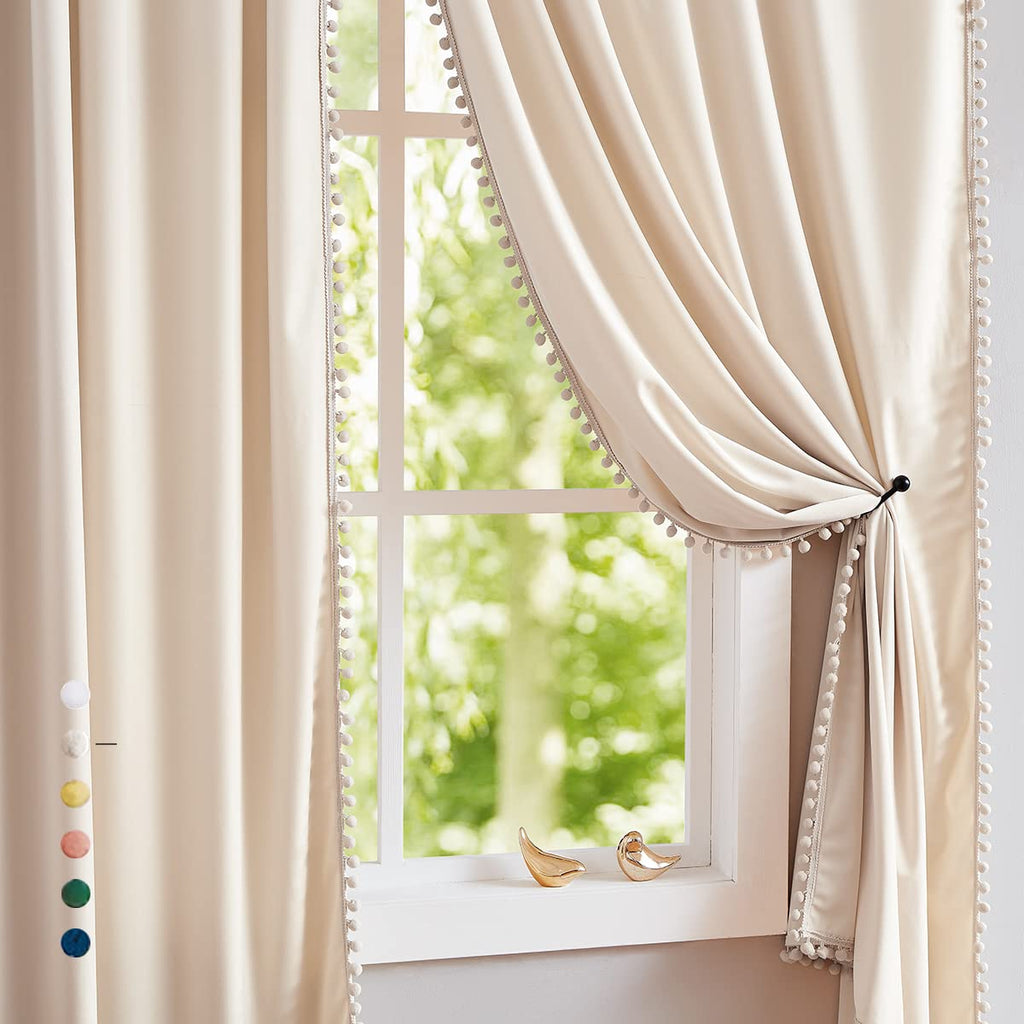 Ivory Velvet Curtains 40x95" Pom Pom Bedroom Window Drape 2