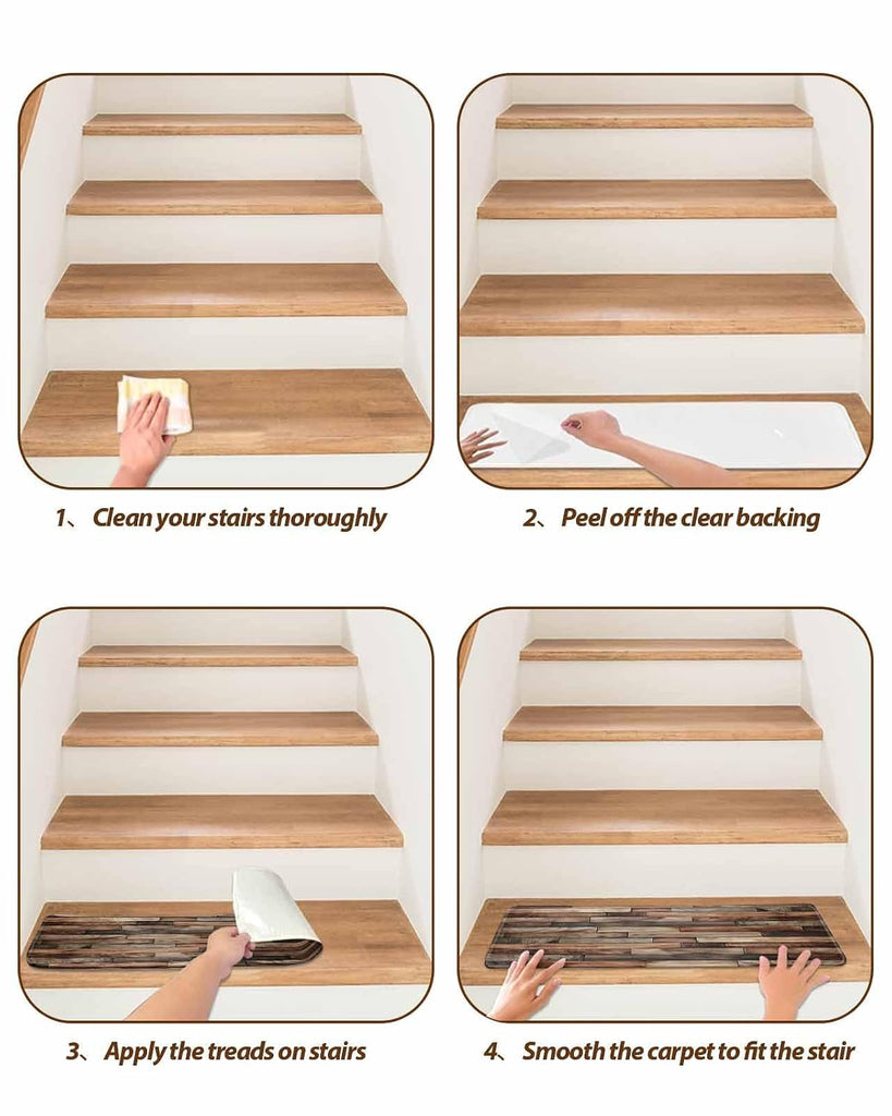Brown Wood Grain Stair Treads Farmhouse Vintage Wooden Board Patchwork Indoor Non Slip Peel and Stick Stair Treads