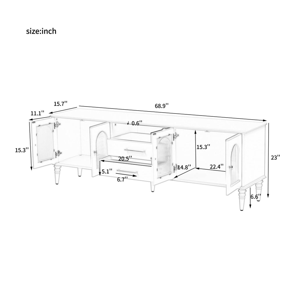 Retro TV Stand for TVs up to 75 Inches, Entertainment Center Media Console with Fluted Glass Doors and Five Solid