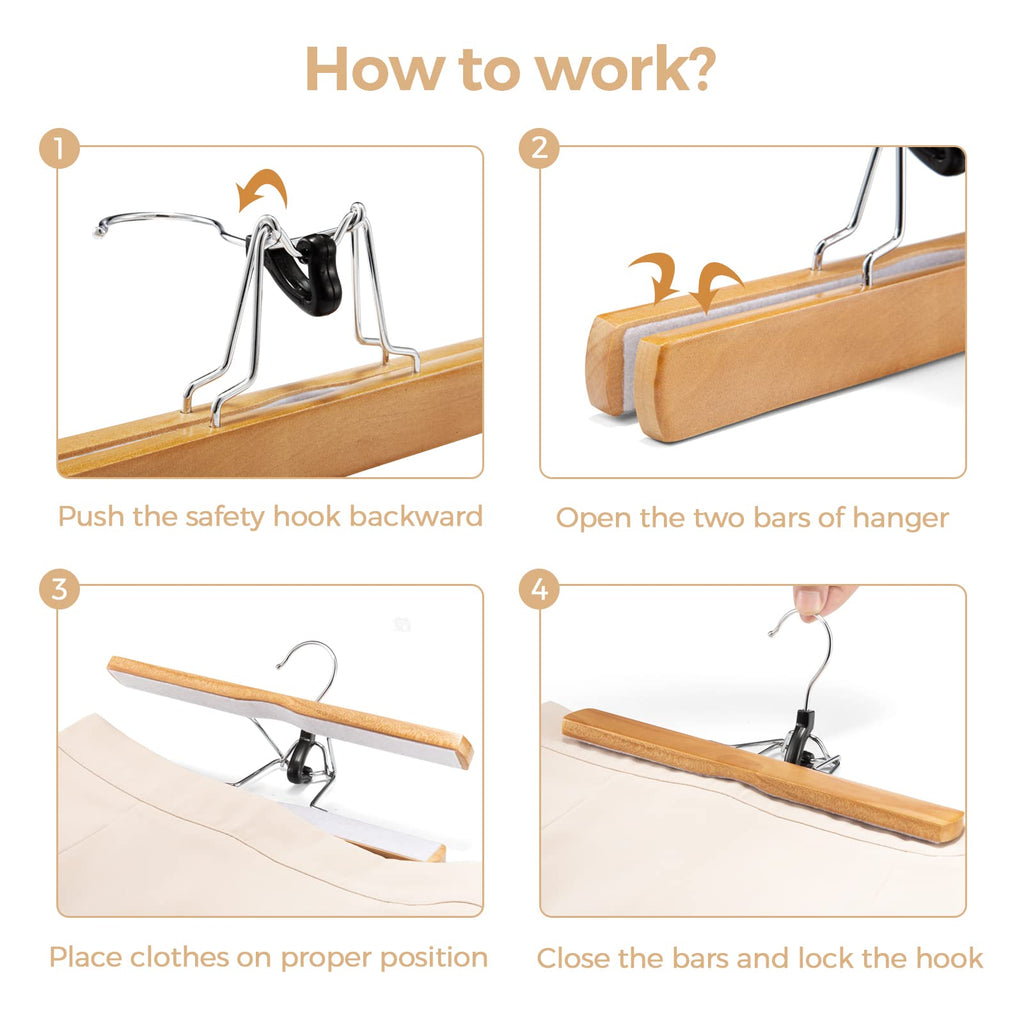 Wooden Pants & Skirt Hangers with Adjustable Clips, Natural (Natural Wood, Pack of 20)