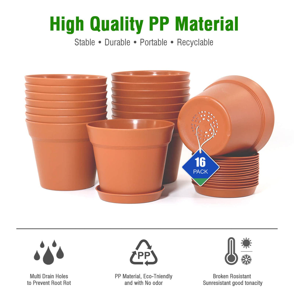 16 Pack 6 inch Plastic Planters, Plastic Indoor Planter Flower Pots, Heavy Duty and Stylish 6 Inch Plant Pots for