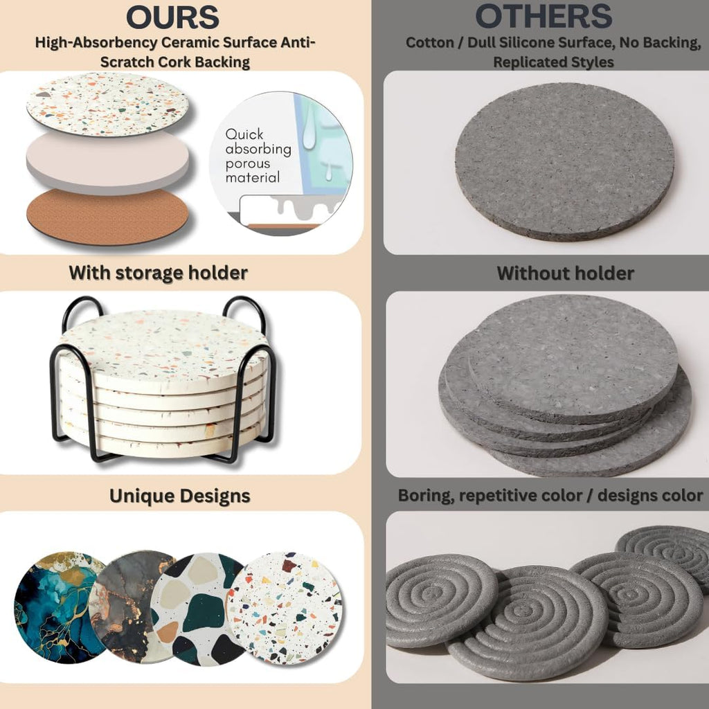 Terrazzo Coasters, Colorful Boho Absorbent Ceramic Coasters - Set of 6