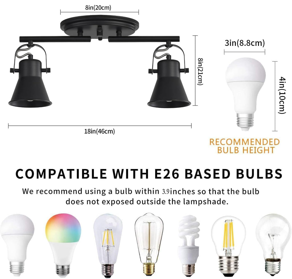 Track Lighting Kit,Black Semi Flush Mount Ceiling Light with 2 Rotatable Light Heads,Industrial Accent,Art