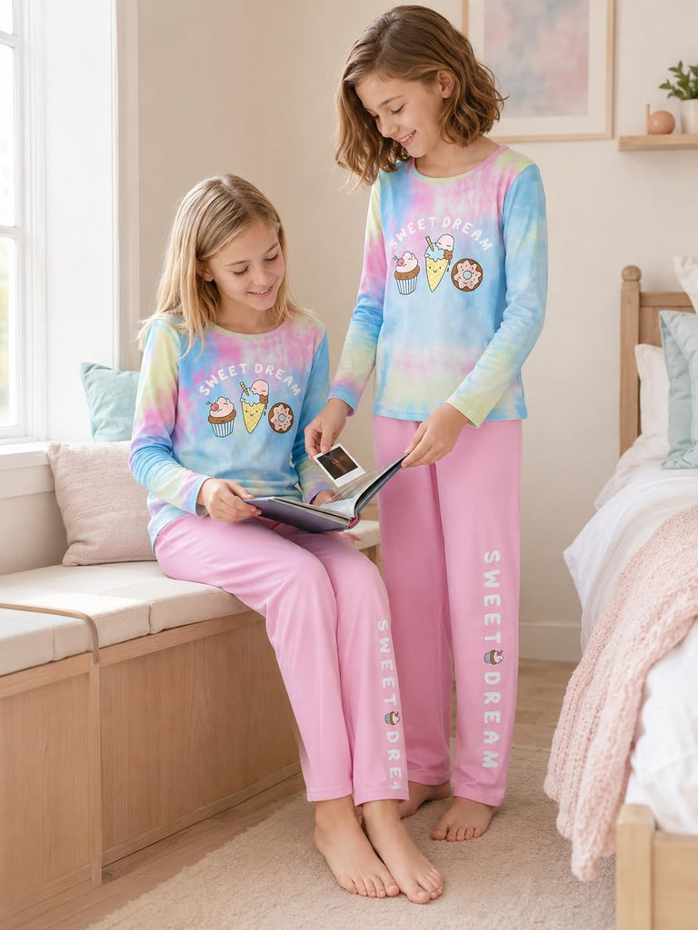 Girls' 100% Cotton Pajama Set, Tie-Dye with Various Prints