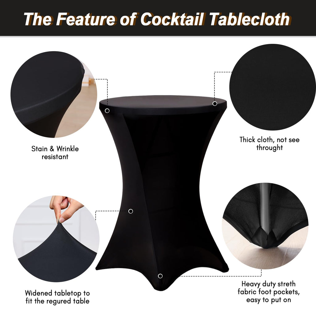 4 Pack Cocktail Tablecloth Bar Top Table Covers Round Black Spandex