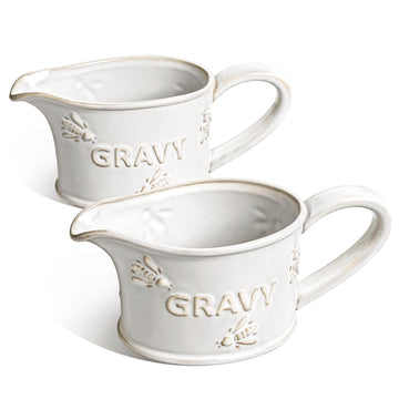 17oz Gravy Boat, Ceramic Sauce Boat for Salad Dressings, Creamer, Broth, Black Pepper, Set of 2, Arctic White, Bee