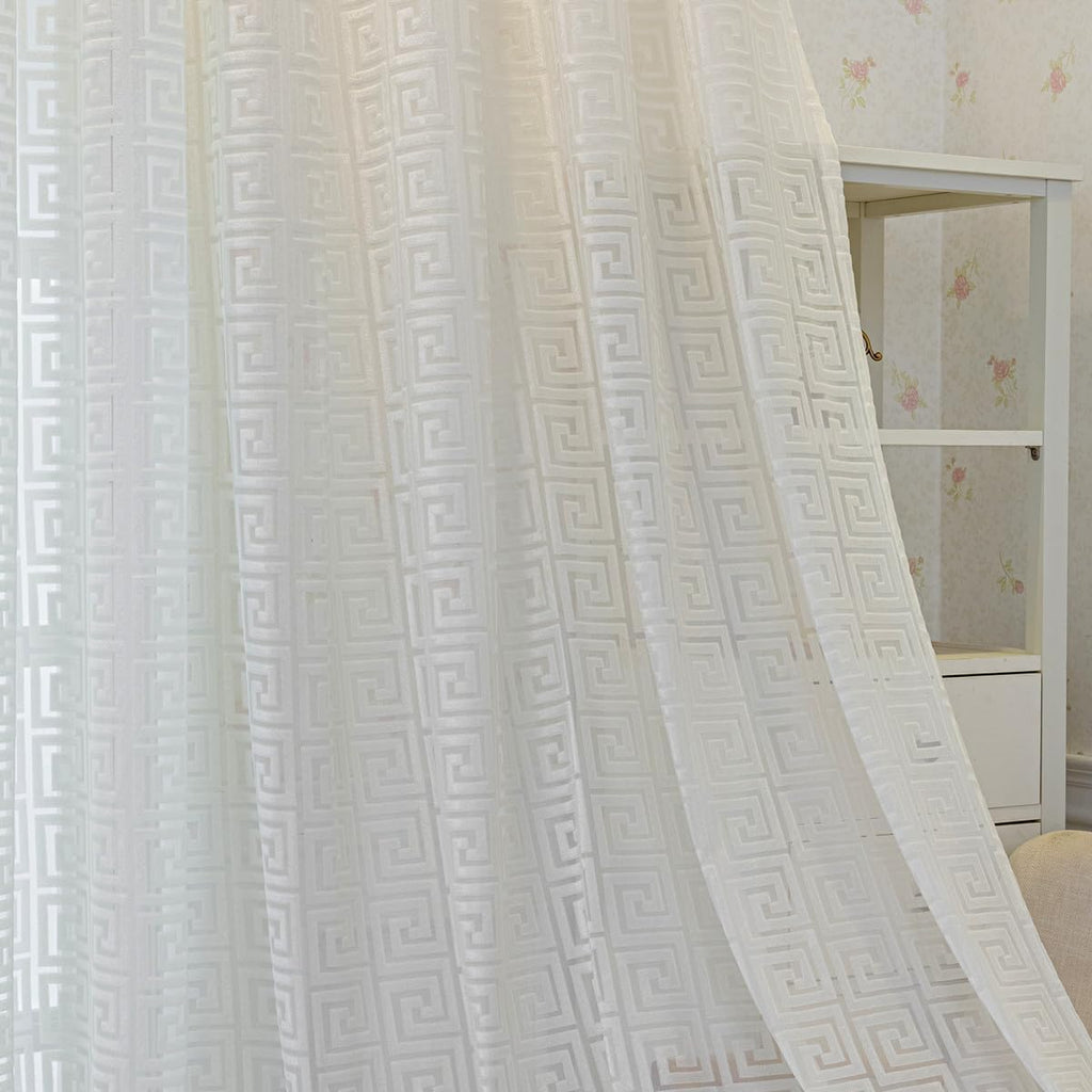 1 Pair Luxury Geometric Sheer Curtains for Living Room Jacquard Tulle Curtains for Bedroom (White,54x96 Inch)