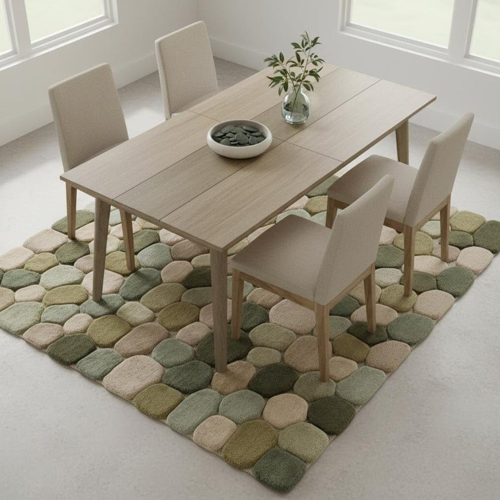 Hand Tufted Wool Area Rug Green Pebble Design Minimalist Style Soft Warm Non Slip Backing Functional & Decorative