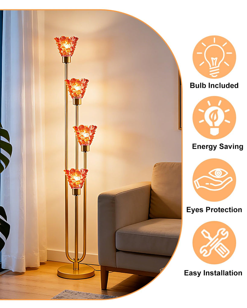 4-Light Modern Glass Floor Lamp, Gold Tall Standing Lamp with Deep Red Flower Glass Shade, Dimmable LED Floor Lamp