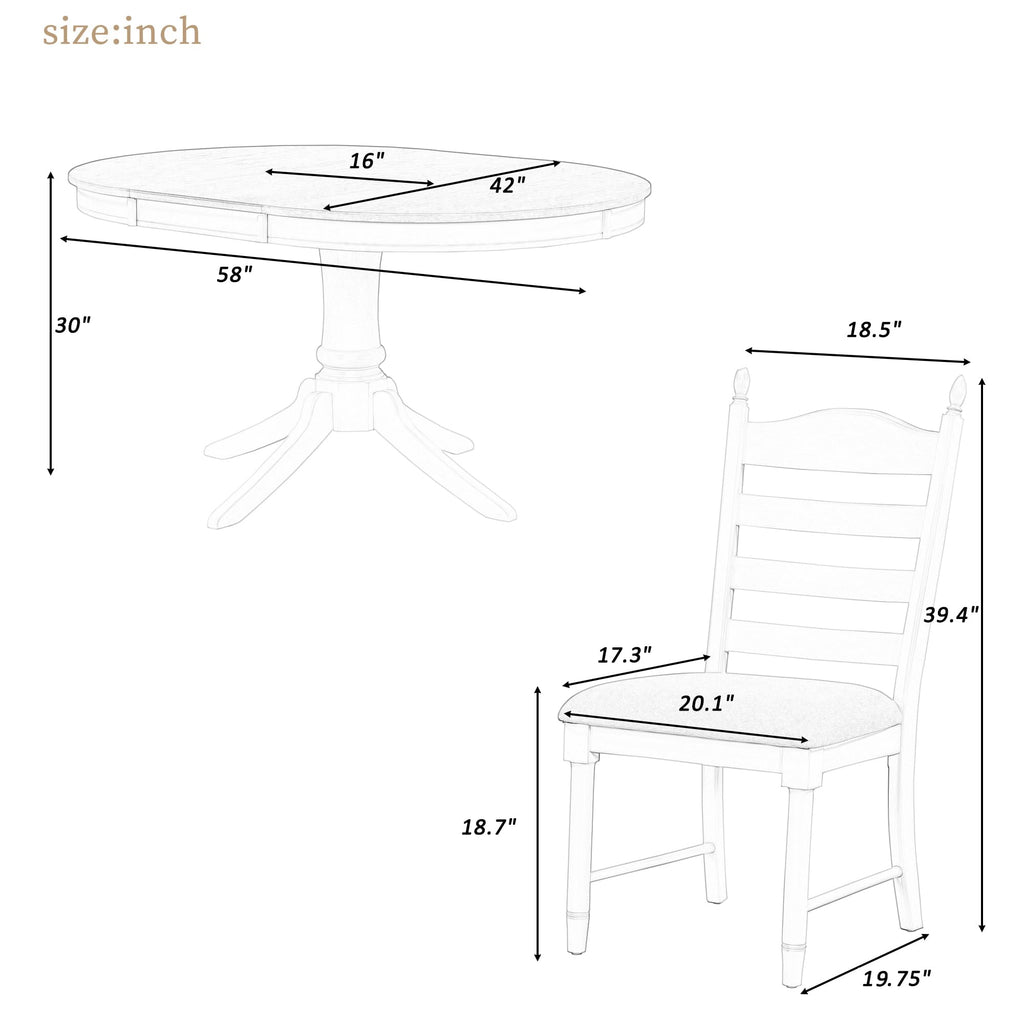 5 Piece Extendable Dining Table Set for 4, 4 Slat Back Solid Wood Dining ChairSet, 58"-42" Folding Oval Round Dining