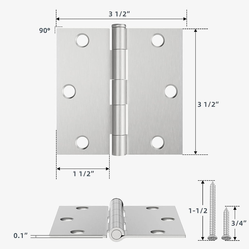 6 Pack 3.5" x 3.5" Brushed Nickel Door Hinges with Square Corner